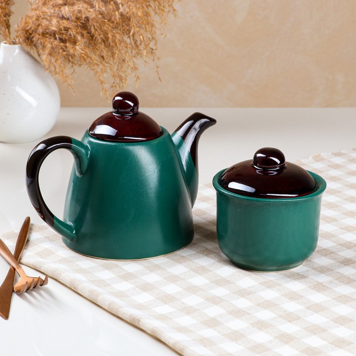 фото Чайная пара "хаки", двухцветная, чайник 0.7 л, сахарница 0.3 л керамика ручной работы