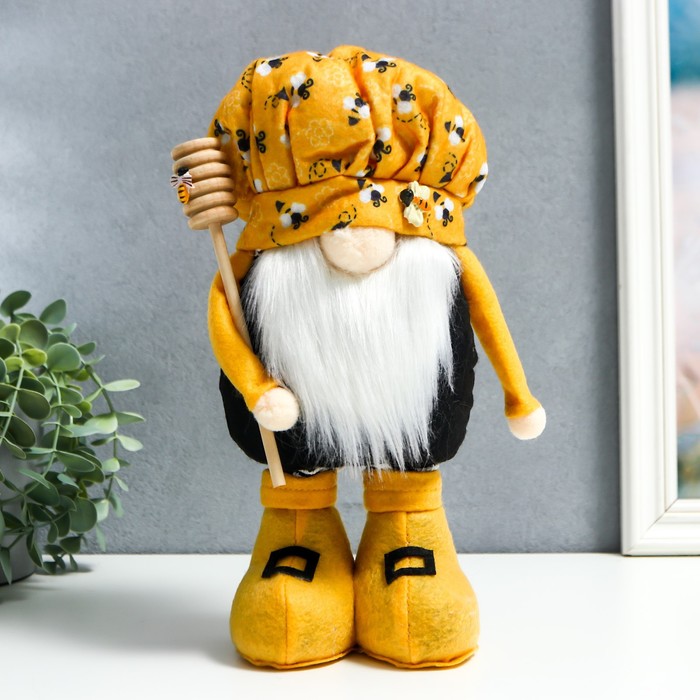 фото Кукла интерьерная "гном в берете с пчёлами с ложкой для мёда" раздвижной 28-40 см