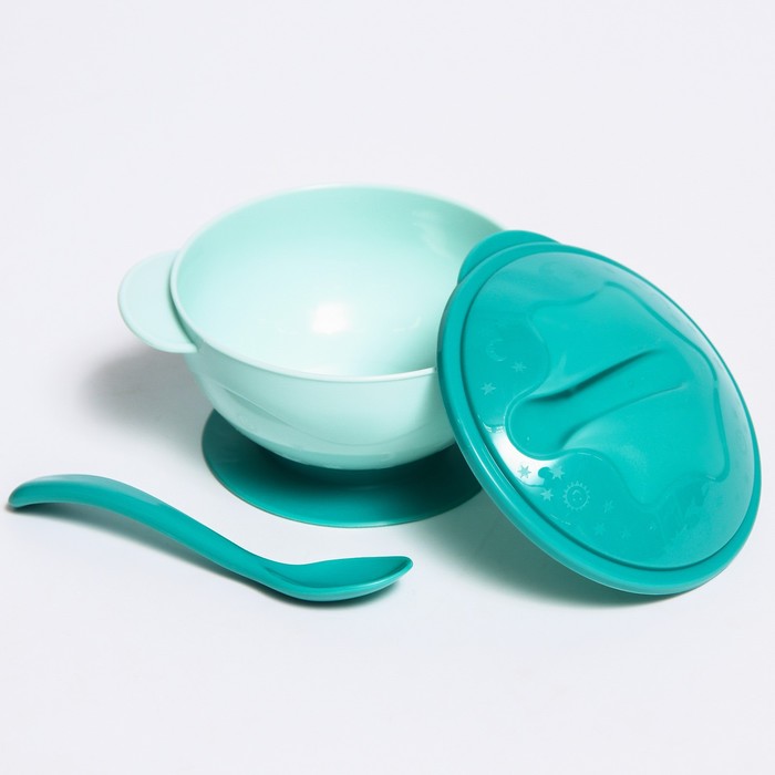 фото Набор для кормления: миска на присоске с крышкой, ложка, 400 мл., цвет бирюзовый mum&baby