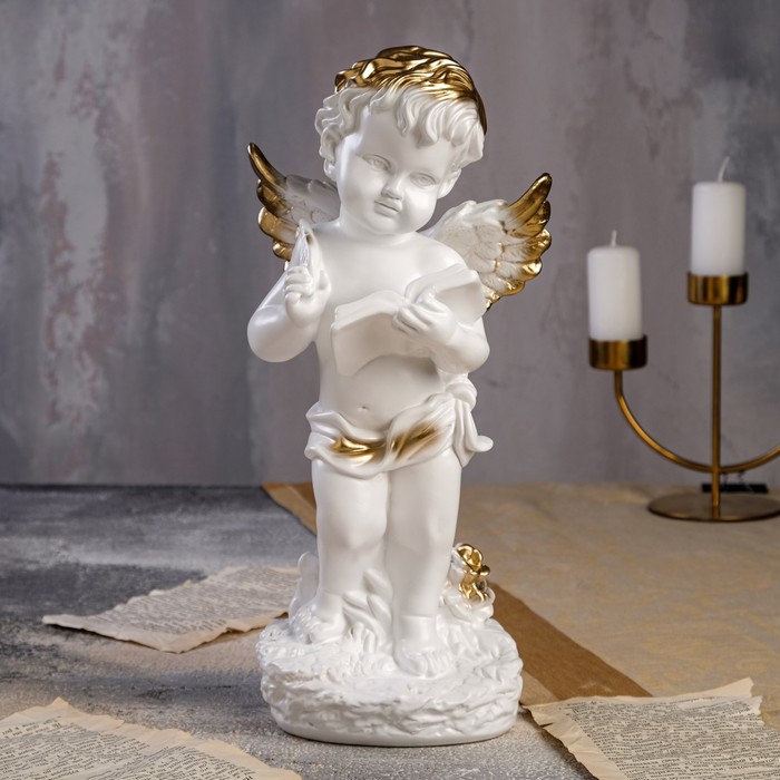 фото Статуэтка "ангел с книгой", большой, бело-золотой, 15*16*33 см premium gips