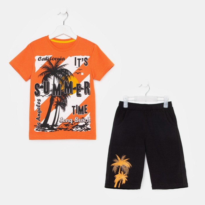 фото Комплект для мальчика (фуфайка/шорты) а.01-74-3., цвет оранжевый/черный, рост 110 luneva