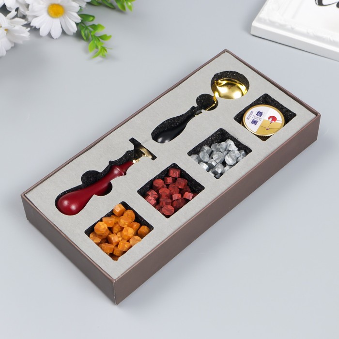 фото Сургучный набор "спасибо" печать, ручка, ложка, воск - 3 цвета, свеча 3,5х11х23 см