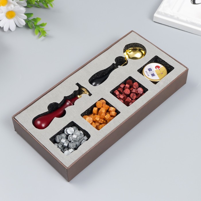 фото Сургучный набор "крупная роза" печать, ручка, ложка, воск - 3 цвета, свеча 3,5х11х23 см