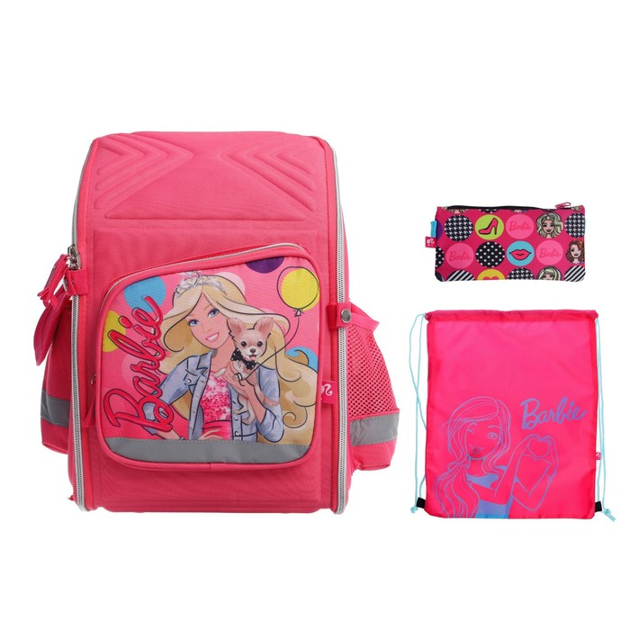 фото Рюкзак каркасный + пенал и мешок для обуви, 34,5 х 26 х 13 мм, barbie, подарок-кукла, розовый