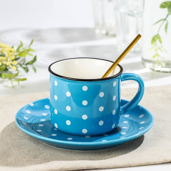 фото Чайная пара «горошек» чашка 220 мл, блюдце 15 см, ложка, цвет синий