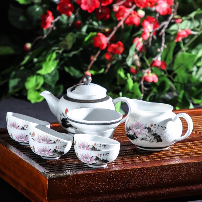 фото Набор для чайной церемонии «лотос», 9 предметов: 6 пиал 50 мл, чайник 210 мл, банка для чая, чахай
