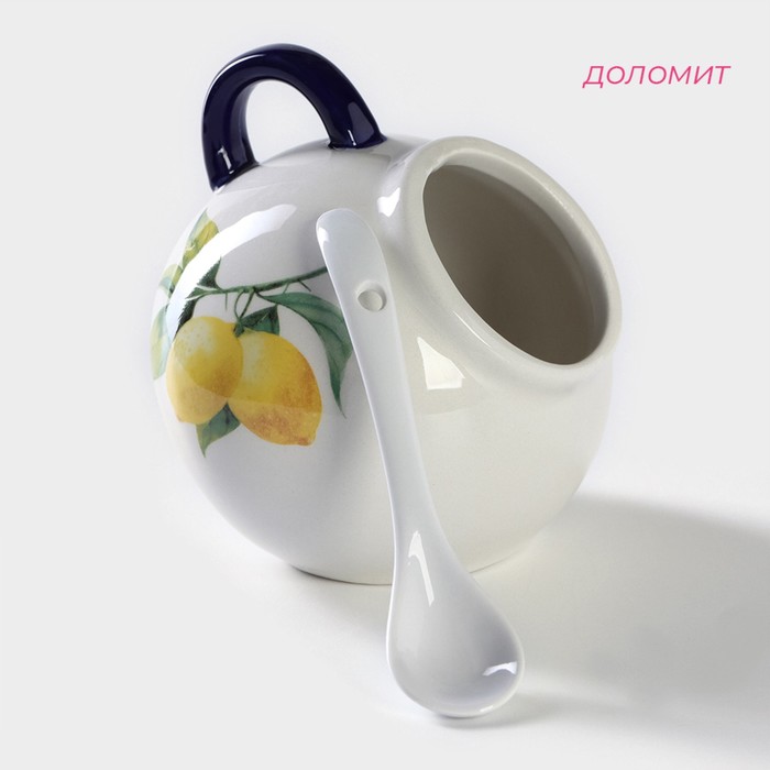 фото Сахарница с ложкой доляна «лимон», 200 мл, цвет белый