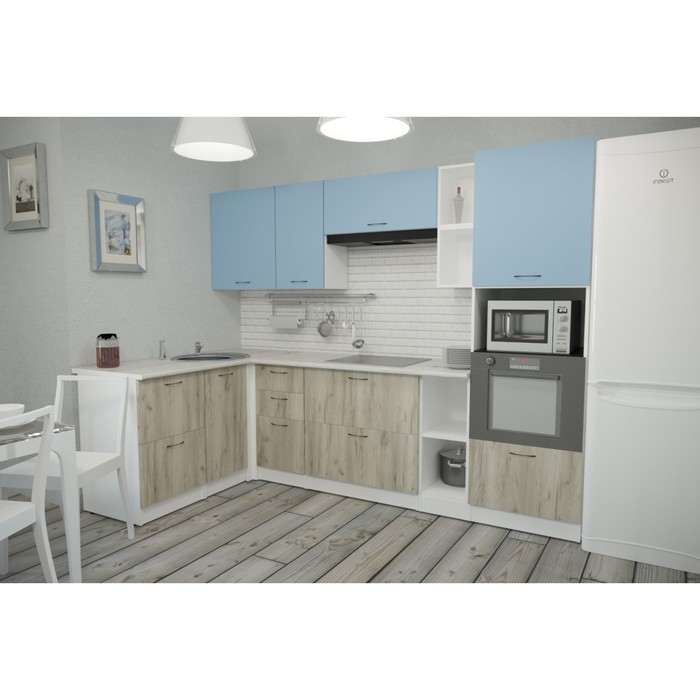 фото Кухонный угловой гарнитур лидия мега прайм 2700х1500 белый/сосна/капри, бетон темный