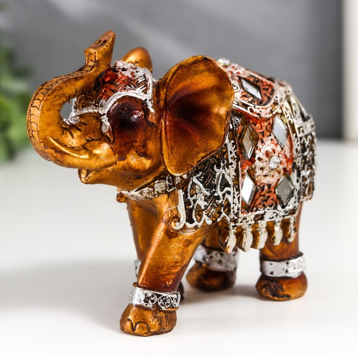 фото Сувенир полистоун "бронзовый слон в серебристой попоне с зеркалами" 9,5х5х7 см