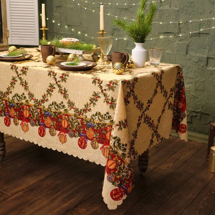 фото Скатерть новогодняя доляна "ёлочные игрушки" 145*180 см, 100% п/э