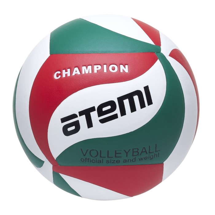 фото Мяч волейбольный atemi champion синтетическая кожа pu soft, зел/бел/красн,18 п, клееный, окруж 65-67
