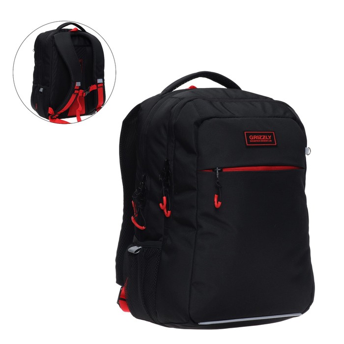 фото Рюкзак школьный grizzly, 39 х 26 х 19 см, эргономичная спинка, отделение для ноутбука, чёрный/красный
