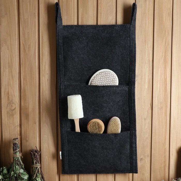 фото Коврик банный настенный, войлок, 3 кармана 79х36 см черный добропаровъ