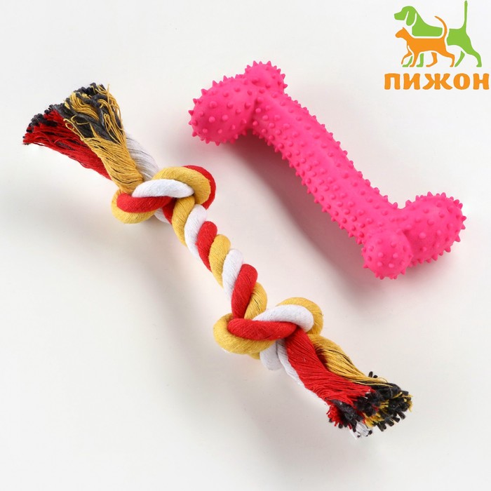фото Набор игрушек для средних собак "кость (16 см) и канат (90-100 г)", розовая пижон