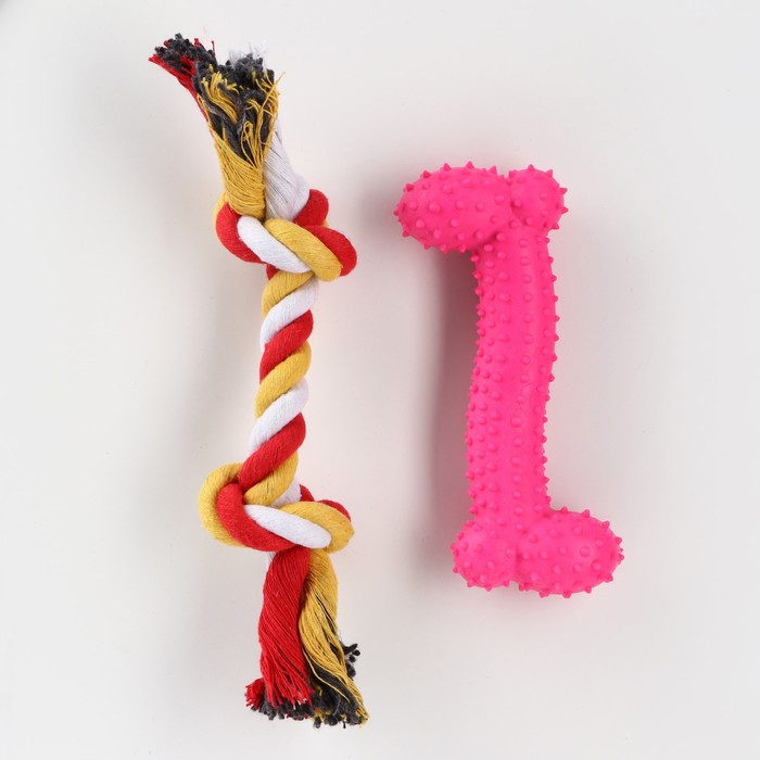 фото Набор игрушек для средних собак "кость (16 см) и канат (90-100 г)", розовая пижон