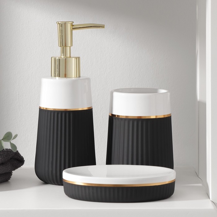 фото Набор для ванной savanna grace, 3 предмета (дозатор для мыла, стакан, мыльница), цвет чёрный, белый