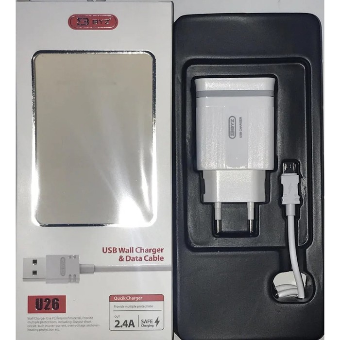 фото Сетевое зарядное устройство byz u26, 2 usb, 2.4 а, кабель microusb, 1 м, белое