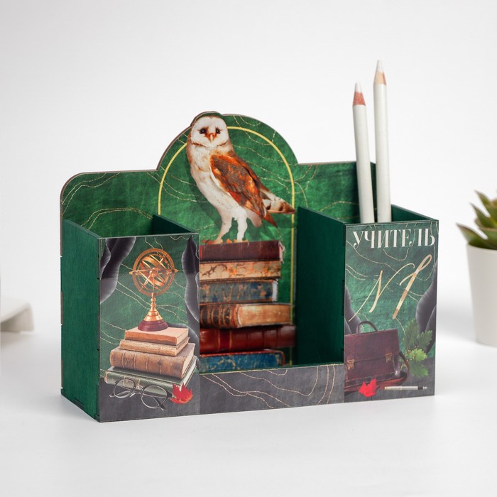 фото Органайзер для канцтоваров "сова" зеленый фон, 19 х 7 х 14 см