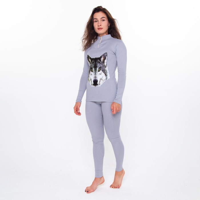 фото Термобельё женское (джемпер, леггинсы) принт волк, цвет светло-серый, размер 50 tusi