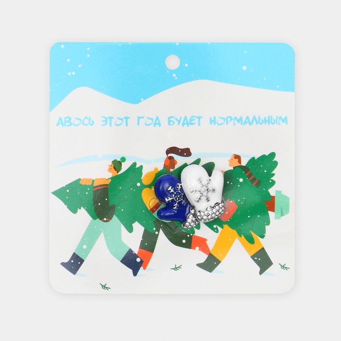 фото Брошь новогодняя "варежки" со снежинками, цвет бело-синий в чернёном серебре queen fair