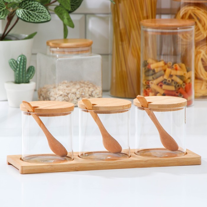 фото Набор банок для сыпучих продуктов «эко», 300 мл, 3 ложки, 28,5×9×9,5 см, 3 шт