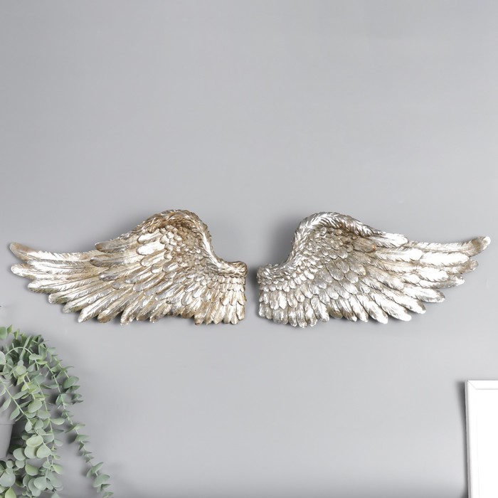 фото Сувенир полистоун настенный декор "серебряные крылья" набор 2 шт размер крыла 18х41х6 см