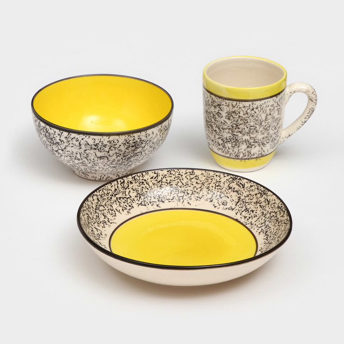 фото Набор посуды "алладин", керамика, желтый, 3 предмета: салатник 700 мл, тарелка 20 см, кружка 350 мл, 1 сорт, иран керамика ручной работы