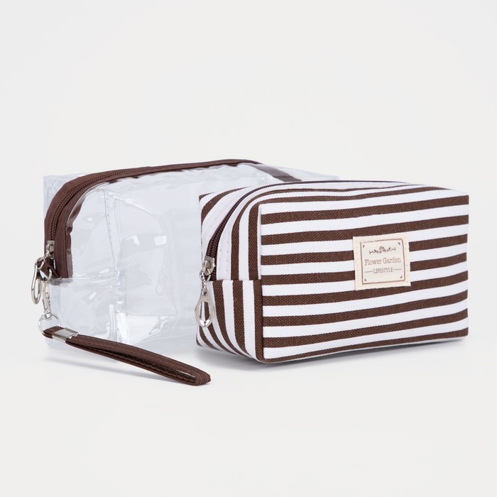 фото Набор космет 2/1 l-б/н полосы, 20*9*12, отд на молнии, бело/коричневый