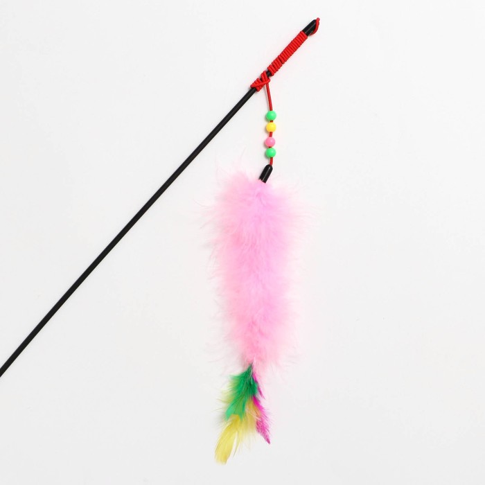 фото Дразнилка-удочка с перьями, пуховым хвостиком и бусинами, розовая пижон