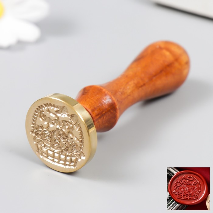 фото Печать для сургуча с деревянной ручкой "корзина роз" 3х3 см