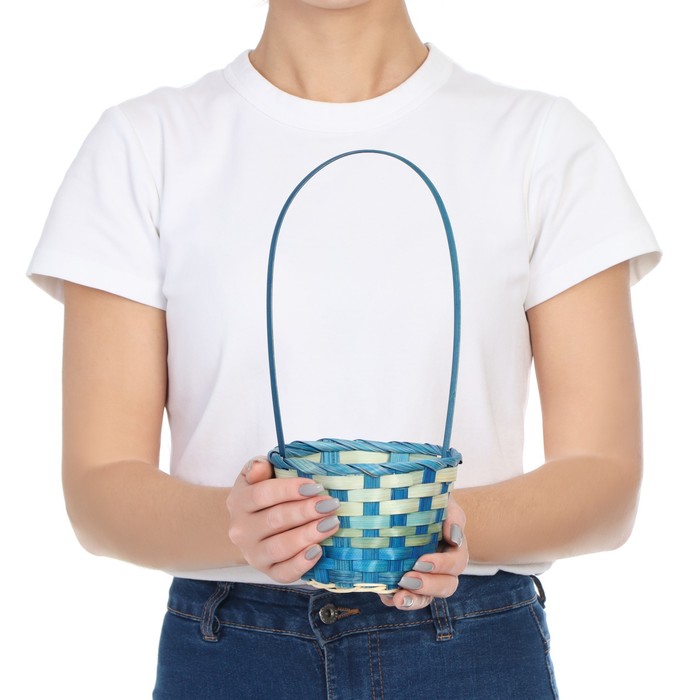 фото Корзина плетеная, бамбук, бирюзовый, 13х9,5/28 см