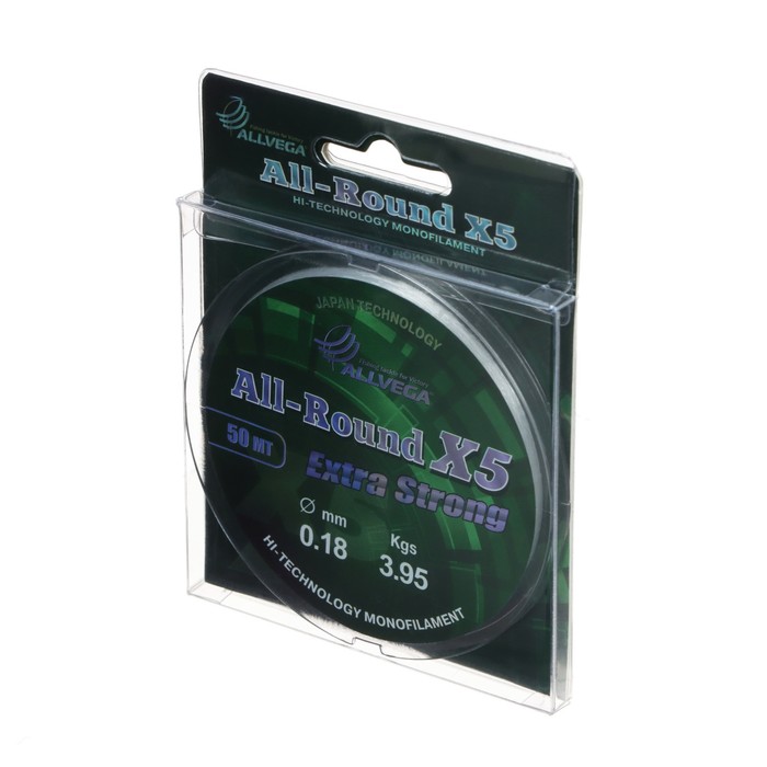 Леска монофильная ALLVEGA All-Round X5, диаметр 0.18 мм, тест 3.95 кг, 50 м, прозрачная
Леска монофильная ALLVEGA All-Round X5, диаметр 0.18 мм, тест 3.95 кг, 50 м, прозрачная