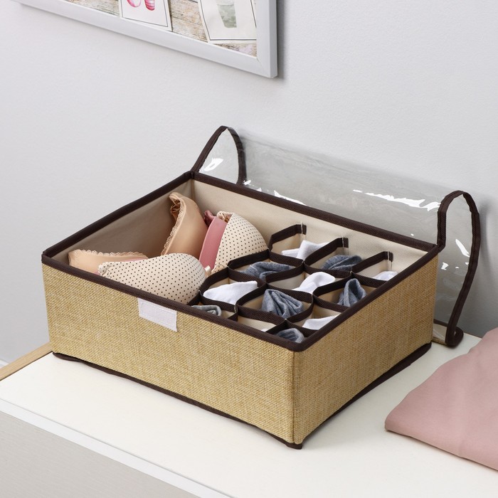 фото Органайзер для хранения белья с прозрачной крышкой доляна «тео», 13 отделений, 32×23×12 см, цвет бежево-коричневый