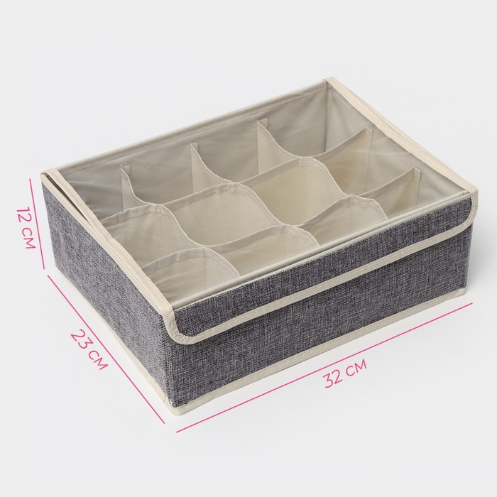 фото Органайзер для хранения белья с прозрачной крышкой доляна «тео», 12 ячеек, 32×23×12 см, цвет серый