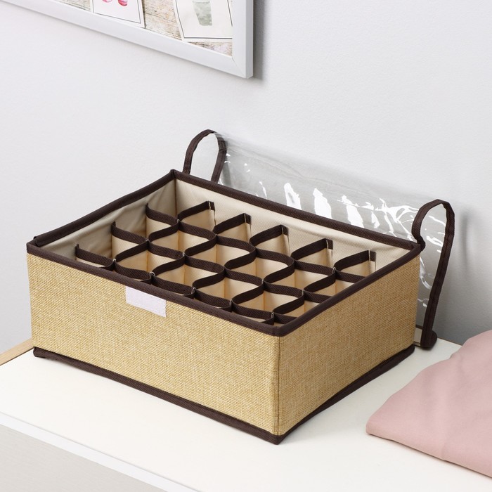 фото Органайзер для хранения белья с прозрачной крышкой доляна «тео», 24 отделений, 32×23×12 см, цвет бежево-коричневый