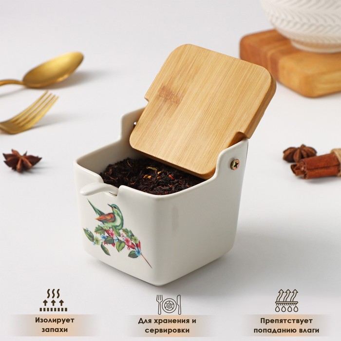 фото Банка фарфоровая для сыпучих продуктов с ложкой доляна «эстет. колибри», 250 мл, цвет белый