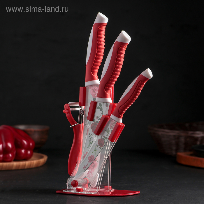 Набор кухонный на подставке «Роза любви», антиналипающее покрытие, 4 предмета: ножи 12 см, 14 см, 17 см, овощечистка, цвет красный
Набор кухонный на подставке «Роза любви», антиналипающее покрытие, 4 предмета: ножи 12 см, 14 см, 17 см, овощечистка, цвет красный