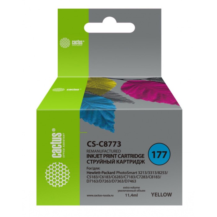 Картридж Cactus CS-C8773 №177, для HP PS 3213/3313/8253/C5183/C6183/C6283, 11,4 мл, цвет жёлтый
Картридж Cactus CS-C8773 №177, для HP PS 3213/3313/8253/C5183/C6183/C6283, 11,4 мл, цвет жёлтый