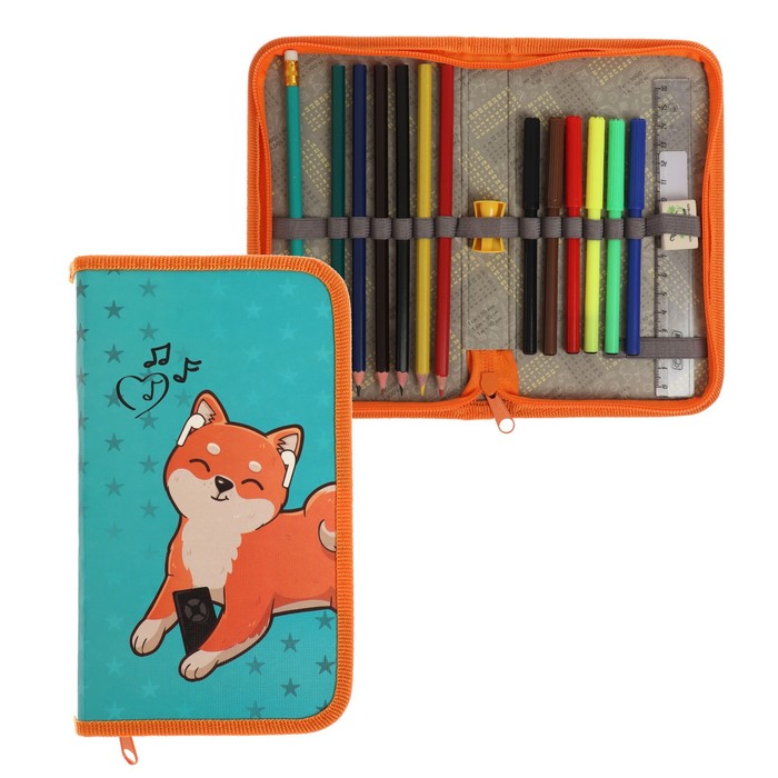 фото Пенал 1 секция, 115 х 205 х 30 мм, с наполнением, 16 предметов, calligrata "корги", ламинированный картон
