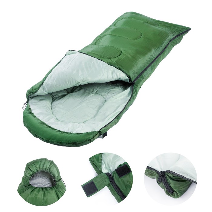 фото Спальный мешок туристический, 220 х 75 см, до -20 градусов, 600 г/м2 темный весенне-зеленый