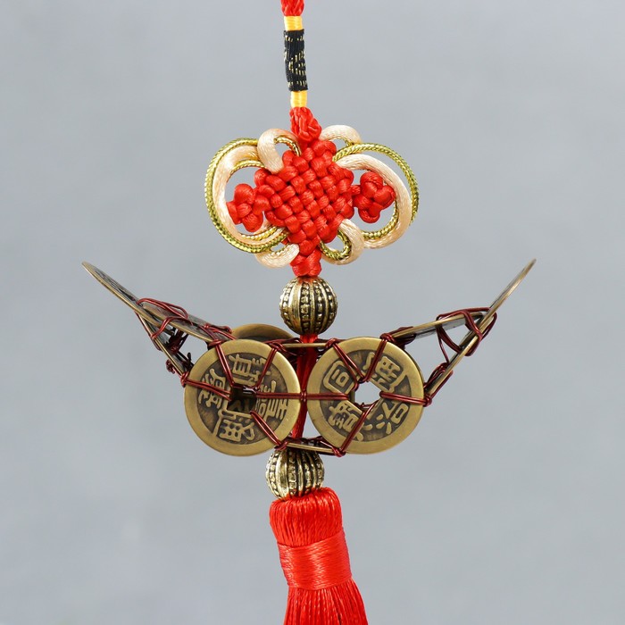 фото Подвеска металл, текстиль "узел удачи. лодочка из монет" 2,3х9х22 см