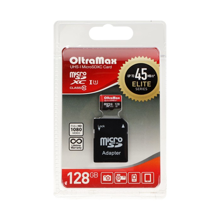 Карта памяти OltraMax MicroSD, 128 Гб, SDHC, UHS-1, класс 10, 45 Мб/с, с адаптером SD
Карта памяти OltraMax MicroSD, 128 Гб, SDHC, UHS-1, класс 10, 45 Мб/с, с адаптером SD