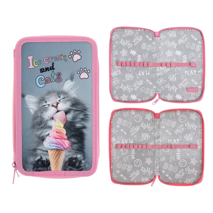 фото Пенал 2 секции, 110 х 190 мм, тканевый, "оникс", пкт 11-20, "котёнок с мороженкой"