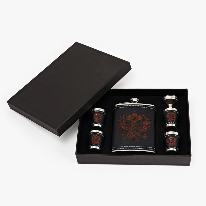 фото Подарочный набор "герб рф" 6 в 1: фляжка 240 мл, 4 стопки по 30 мл, воронка