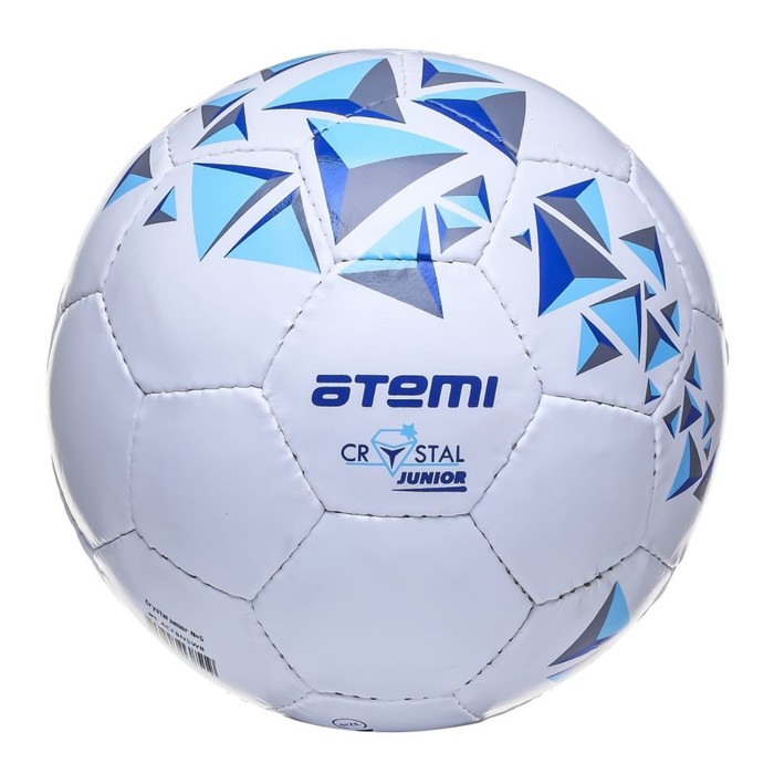 фото Мяч футбольный atemi crystal junior, pvc, бел/син/гол, размер 5, 7-10лет, р/ш, окруж 68-70
