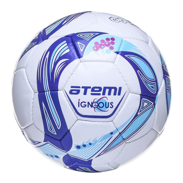 фото Мяч футбольный atemi igneous, pu/pvc 1.3mm, бел/cиний/голуб, р.3, р/ш, 32 п , окруж 60-61