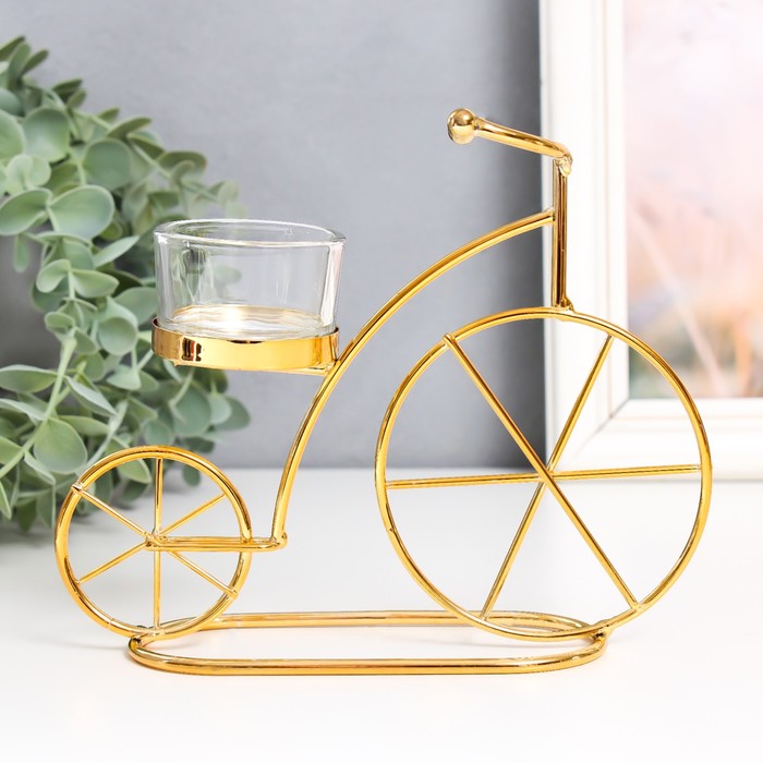 фото Подсвечник металл, стекло на 1 свечу "велосипед" d-4,5 см золото 18,5х6х14 см