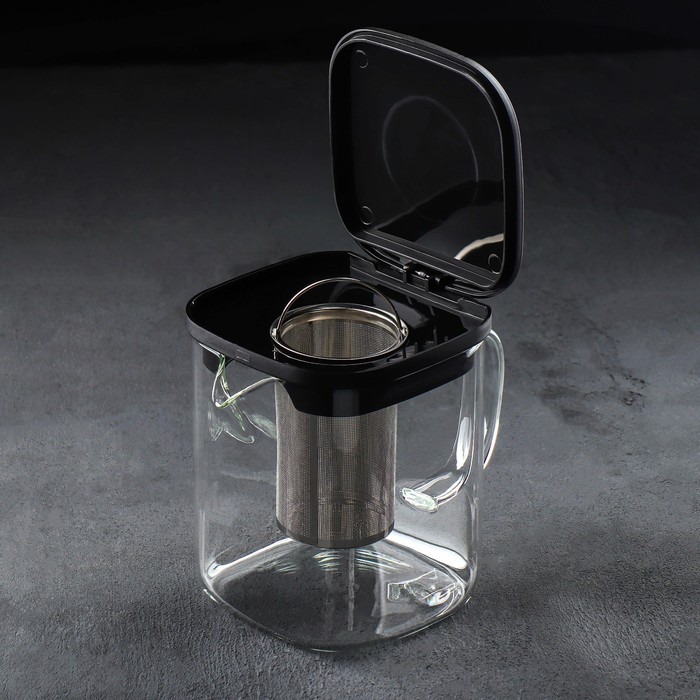 фото Чайник стеклянный заварочный «кватро», 1 л, с металлическим ситом, цвет чёрный
