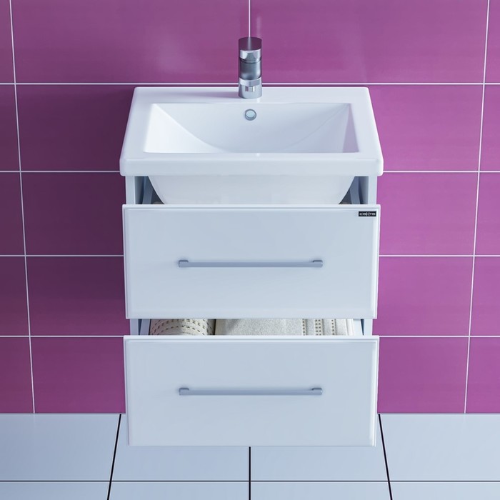 фото Тумба "омега-50" 2 ящика, подвесная с раковиной "фостер 50" санта