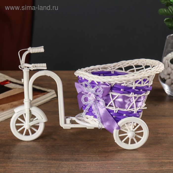 фото Корзинка декоративная "велосипед с кашпо - сиреневая лента"